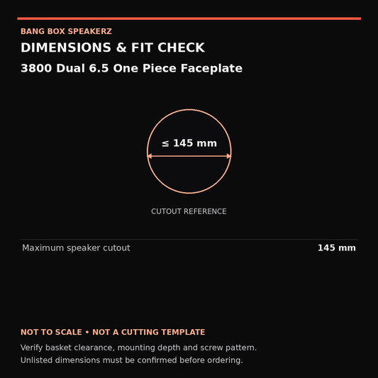 3800 Dual 6.5 One Piece Faceplate dimension guide: Maximum speaker cutout 145 mm. Not a cutting template.