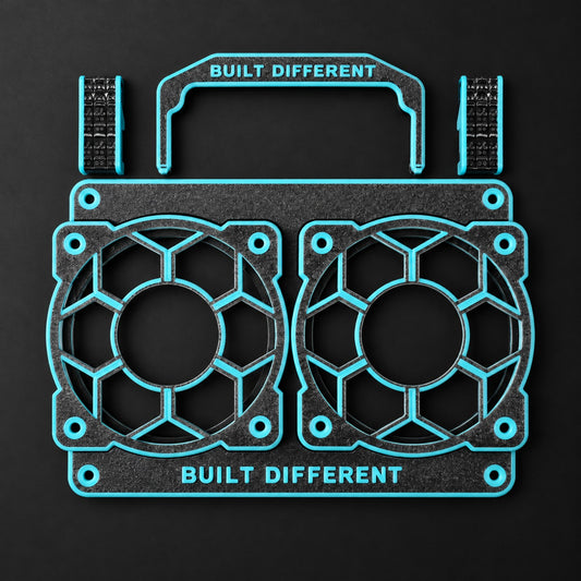 Apache 1800 Built Different Kit: black faceplate, pair of speaker grilles, pair of latches, and handle with turquoise accents.