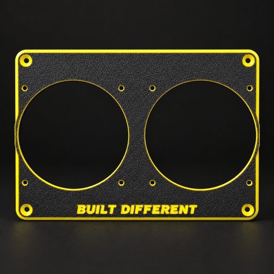 Apache 1800 Full Faceplate V2 with yellow accents, dual speaker cutouts and Built Different lettering on a black studio background