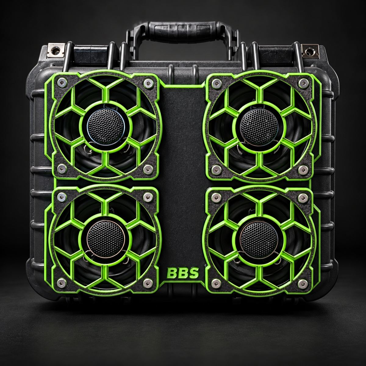 Apache 2800 quad 4-inch faceplate with green accents. Completed build shown; grilles, speakers and case sold separately.