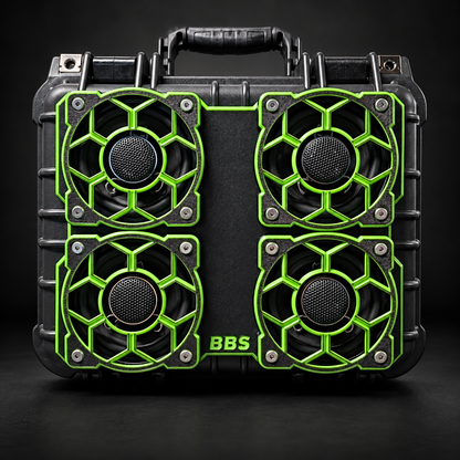 Apache 2800 quad 4-inch faceplate with green accents. Completed build shown; grilles, speakers and case sold separately.
