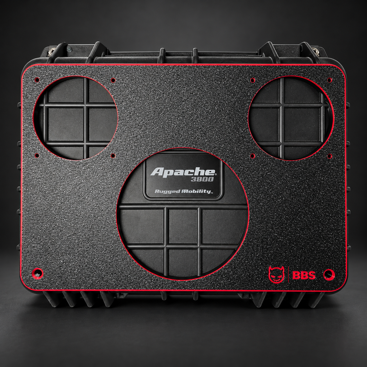 Apache 3800 full faceplate with red accents, dual 4-inch pro audio openings and a 145 mm cutout for a 6.5-inch Lanzar subwoofer. Case shown for fitment; faceplate only.