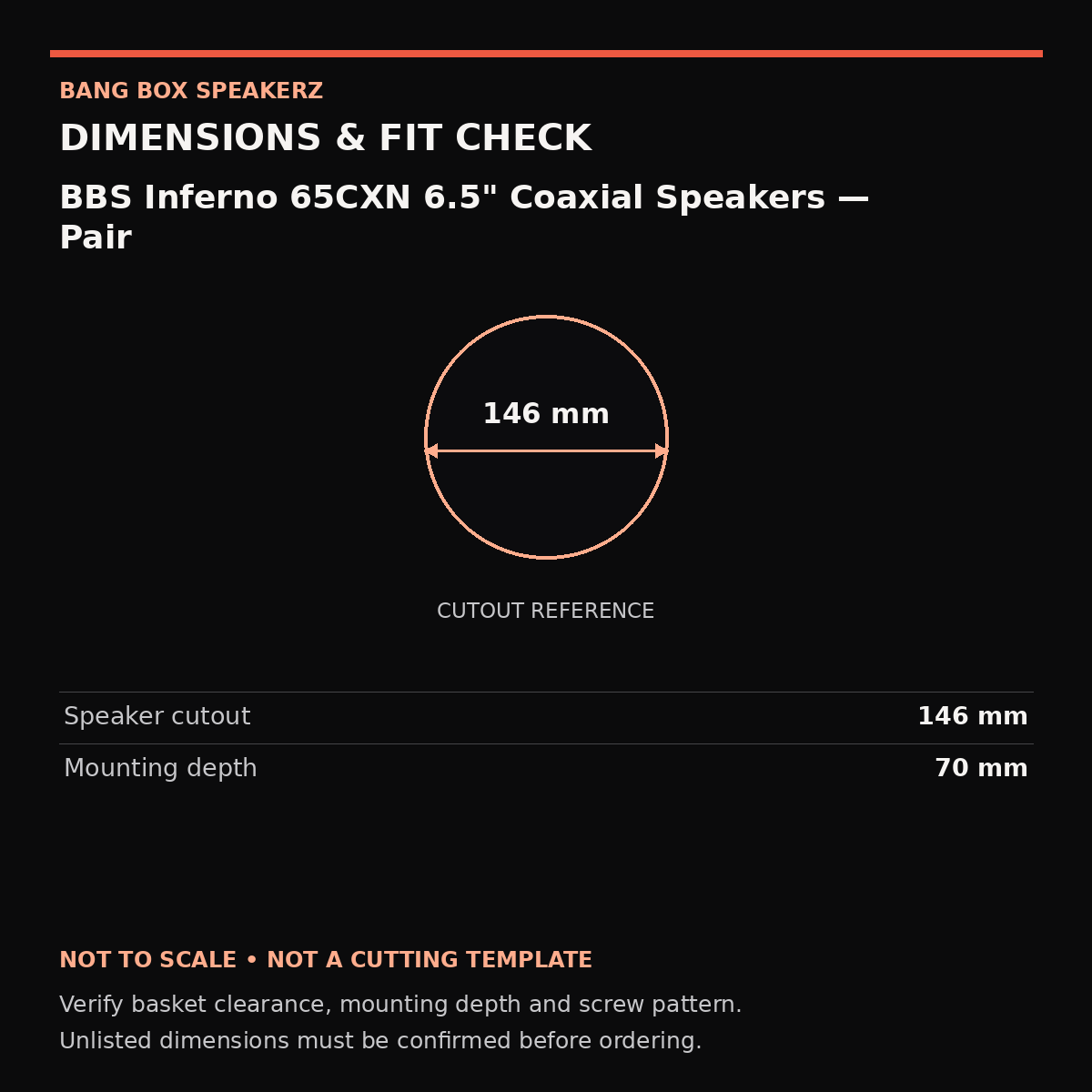 BBS Inferno 65CXN 6.5" Coaxial Speakers — Pair dimension guide: Speaker cutout 146 mm, Mounting depth 70 mm. Not a cutting template.