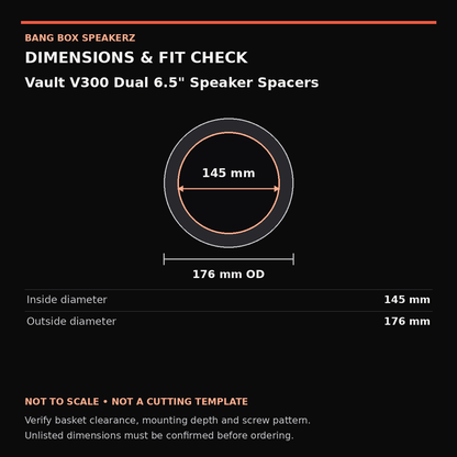 Vault V300 Dual 6.5" Speaker Spacers dimension guide: Inside diameter 145 mm, Outside diameter 176 mm. Not a cutting template.