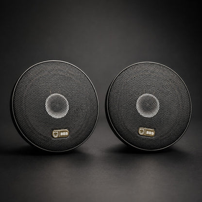 Pair of BBS Inferno 65CXN speaker grilles on a black studio background