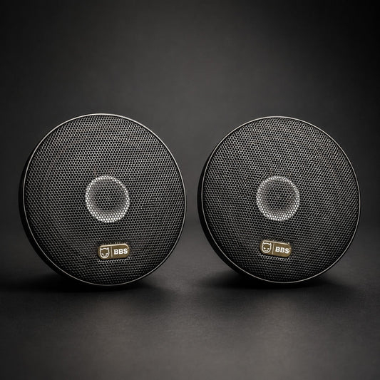 Pair of BBS Inferno 65CXN speaker grilles on a black studio background