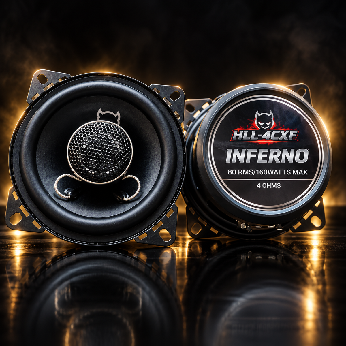 BBS Inferno HLL-4CXF 4-inch speaker pair, front and rear views on a black and gold studio background
