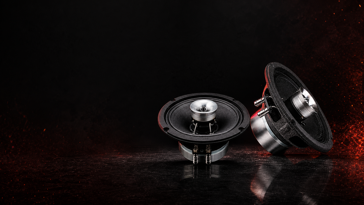 Two car audio speakers, one upright and one tilted, displayed on a dark reflective surface against a black background with red light effects.