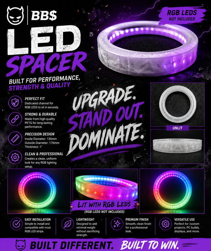 LED spacer product with RGB LED features and branding on a dark background