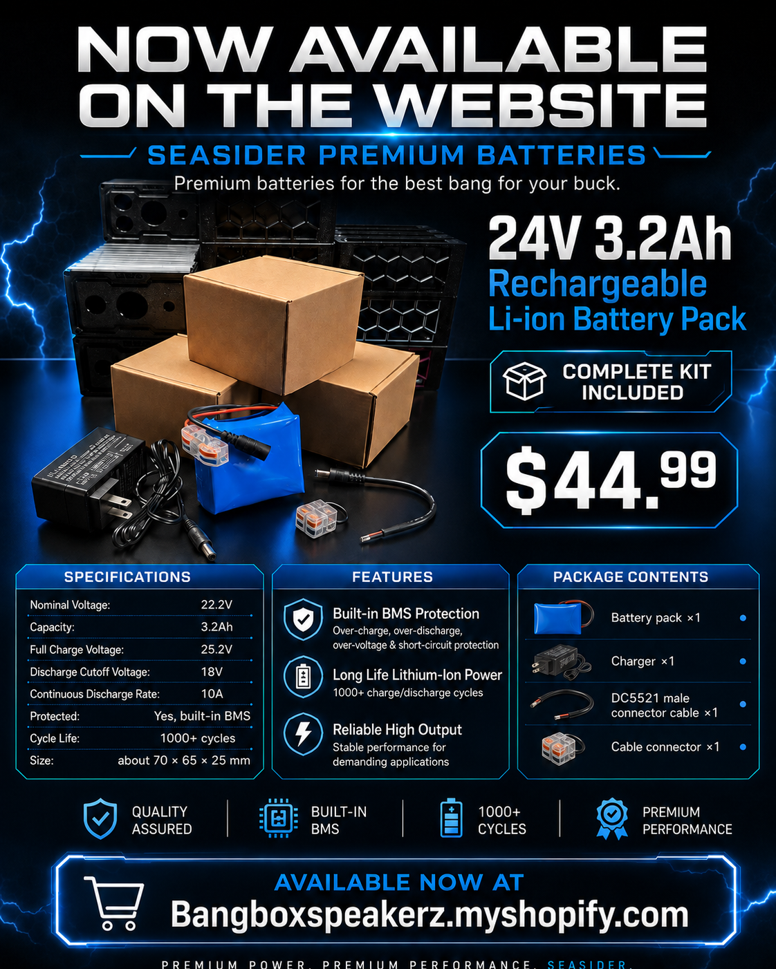 Seasider 24V 3.2Ah rechargeable lithium-ion battery kit